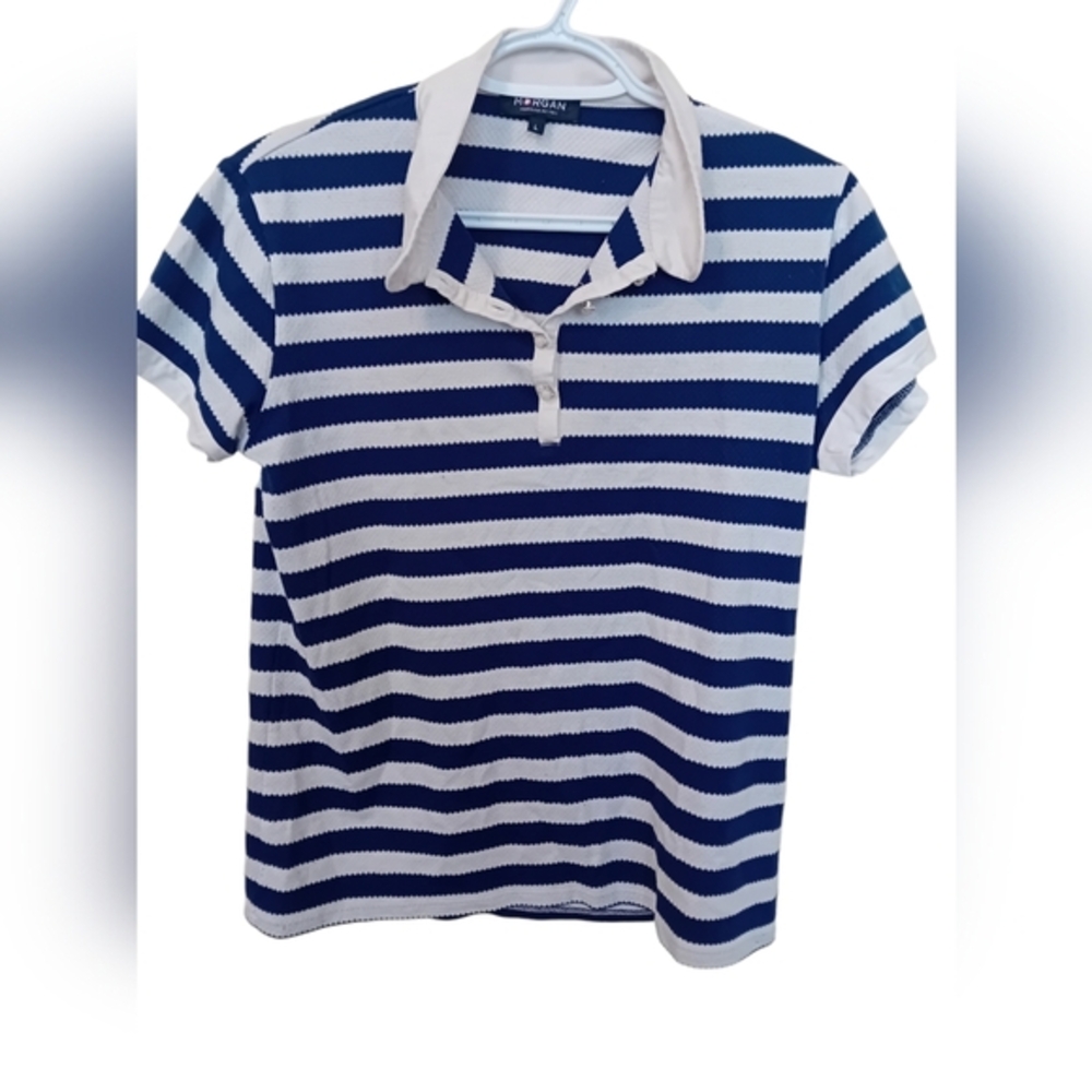 Vintage Y2K Morgan De Toi Scallop Print Navy/White Stripes Polo Shirt Womens S